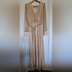 Baltic Born Gold Plunge Bishop Sleeve Gown